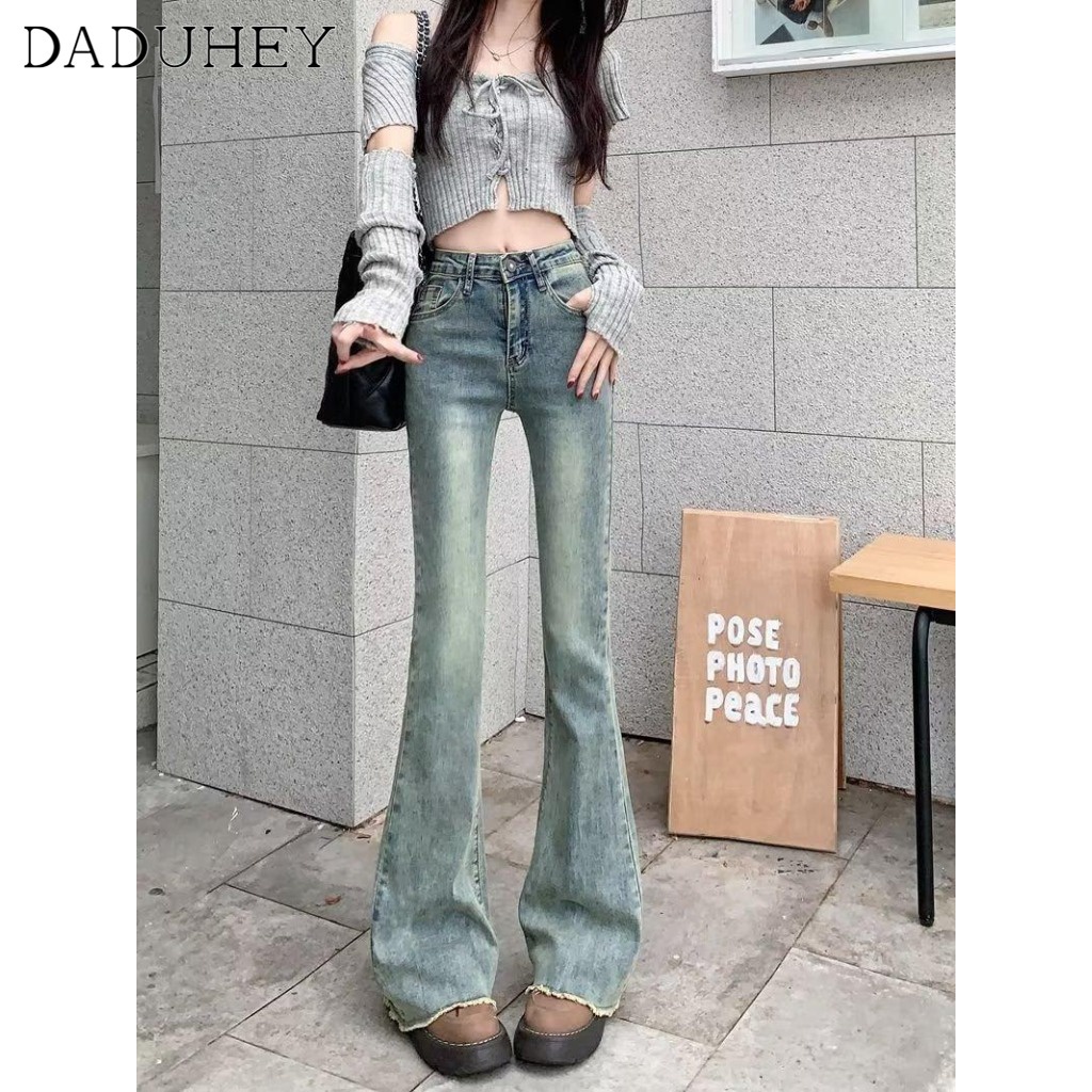 Ảnh DaDuHey New American Ins High Street Retro Raw Edge Micro-flared Jeans Niche High Waist Wide Leg Pants Trousers 3