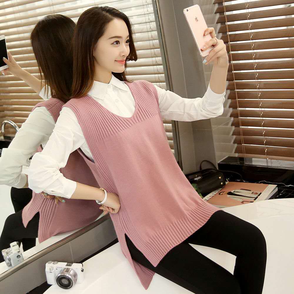 Plus Size Dệt Kim Áo Vest Nữ Cổ Chữ V Mới Không Tay Chiều Dài Giữa Hàn Quốc Đáy Rời