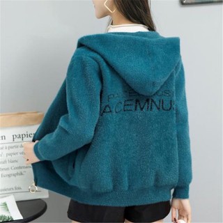 Áo Khoác cardigan Dệt Kim Giả Lông Chồn Dày Dặn Dáng Rộng Ngắn Có Mũ Trùm Thời Trang Thu Đông Cho Nữ