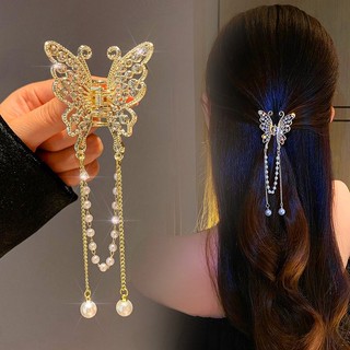 Kẹp Tóc Hình Bướm Đính Ngọc Trai Giả Bằng Kim Loại Phối Tua Rua Lưng Thanh Lịch