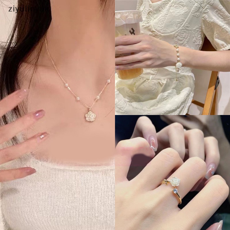 Vòng Tay / Dây Chuyền / Nhẫn Mở Đính Hoa Trà Và Ngọc Trai ziyulinyuk Thanh Lịch Cổ Điển Có Thể Điều Chỉnh Cho Nữ