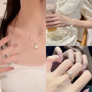 Vòng Tay / Dây Chuyền / Nhẫn Mở Đính Hoa Trà Và Ngọc Trai ziyulinyuk Thanh Lịch Cổ Điển Có Thể Điều Chỉnh Cho Nữ