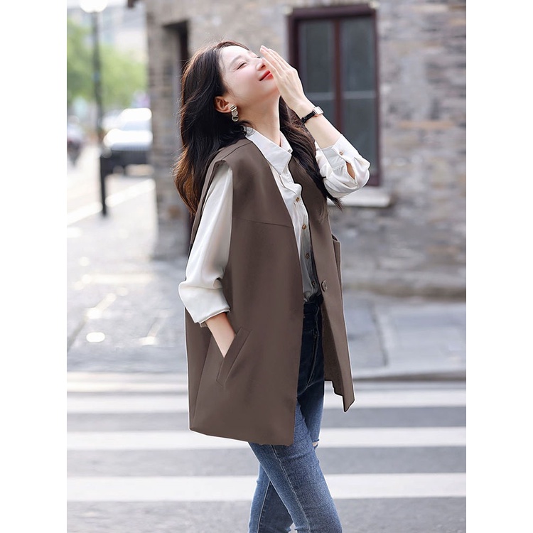 Áo Vest nữ thời trang và rộng rãi nối nút màu trơn Hàn Quốc mới dành cho nữ