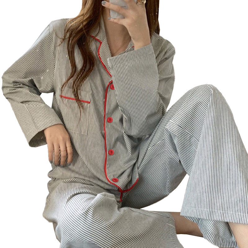Phong Cách Mới ins Bộ Đồ Ngủ Nữ Sọc Đơn Giản Influencer Dài Tay Cardigan Cô Gái Phiên Bản Hàn Quốc Mỏng Phong Cách Homewear Phù Hợp Với