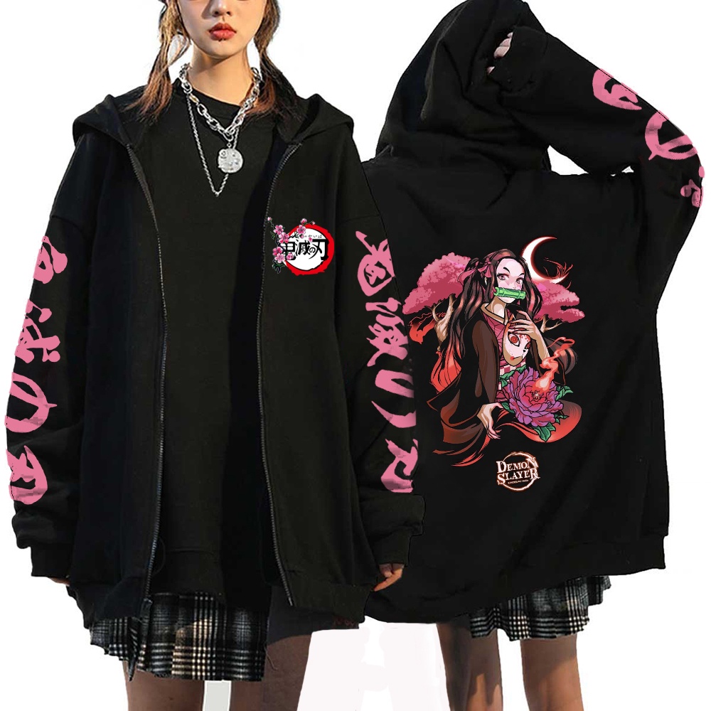 Áo Khoác Hoodie Chui Đầu Có Khóa Kéo In Hình demon slayer Nhật Bản kamado nezuko plus size Cho Nữ Thời Trang