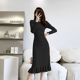 Xiaoxiang Đầm Dệt Kim Dài Qua Gối Tay Dài Xếp Nếp Thời Trang Thu Đông Tinh Tế sw