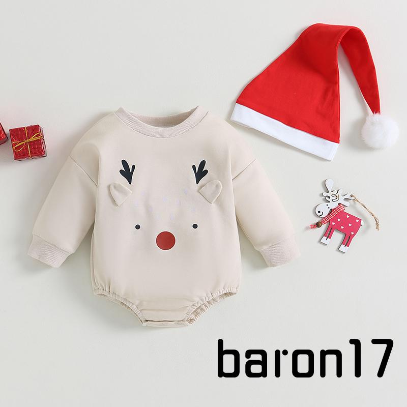 2 Chiếc Trang Phục Giáng Sinh Cho Bé Tay Dài Cổ Tròn Nai Sừng Tấm In Áo Liền Quần + Mũ Trang Phục Cho Bé Trai Bé Gái