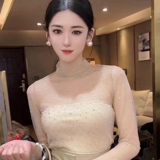 Áo Thun Mỏng Tay Dài Cổ Cao Màu Đen Đính Kim Sa Lấp Lánh Thời Trang Pháp Phong Cách Hàn Quốc Cho Nữ