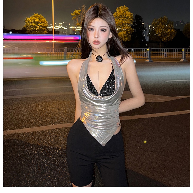 Klalien Áo Hai Dây Hở Lưng Ôm Dáng Màu Bạc Phong Cách vintage Đường Phố Cá Tính Quyến Rũ Dễ Phối Đồ Dành Cho Nữ