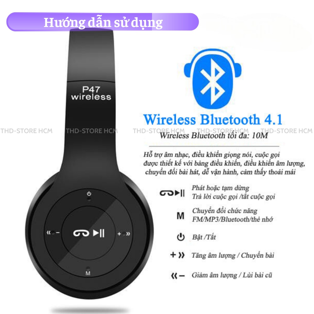 Tai Nghe Bluetooth P47 Chụp Tai Có Mic Hỗ Trợ Thẻ Nhớ Âm Bass Nghe Nhạc Cực Hay Lọc Âm Chống Ồn