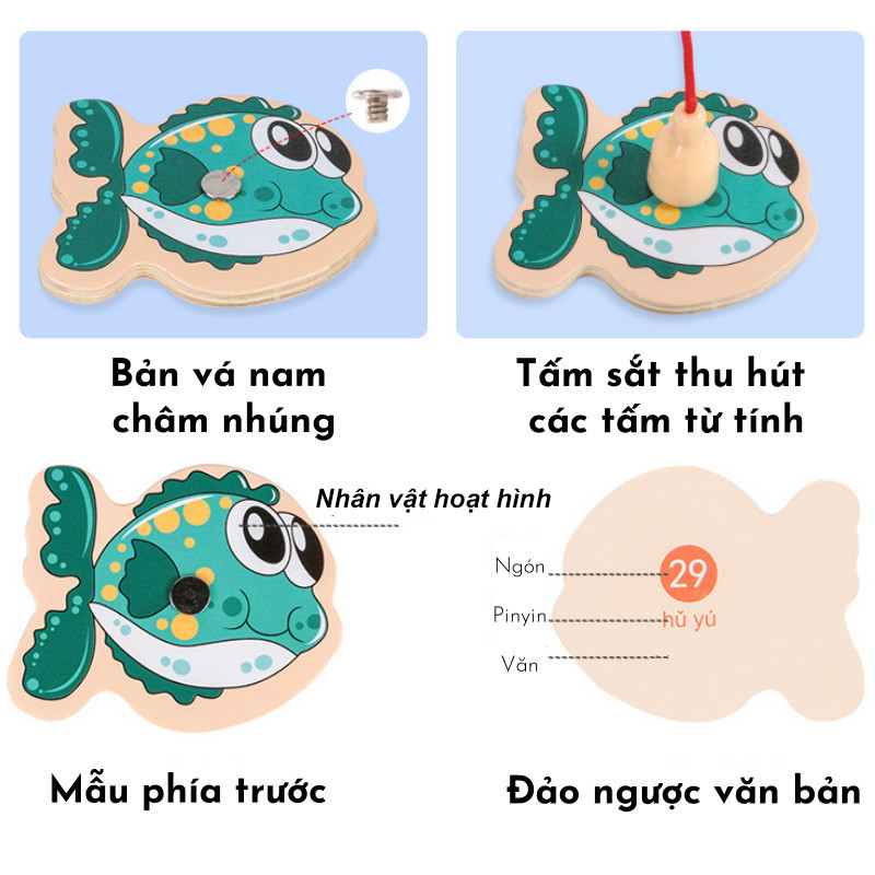 Bộ câu cá nam châm,Đồ chơi câu cá bằng gỗ,  15/31 sinh vật biển bằng gỗ, Kèm theo cần câu nam châm cho bé