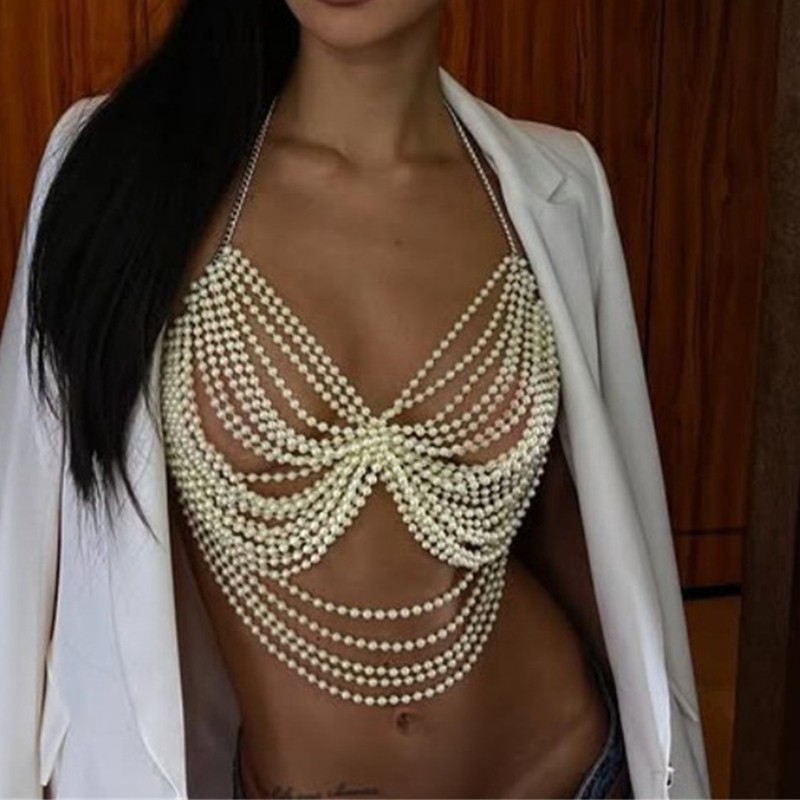 Hsv Pearls Body Chain Bra Multilayer Body Chain Harness Phụ kiện trang sức cơ thể