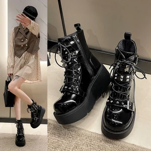 Nêm Gót Hiệp Sĩ Giày Nữ 2023 Phong Cách Mới Châu Âu Mỹ Punk Phong Cách Đẹp Trai Đế Dày Đinh Tán Ống Ngắn Nữ Giày Bốt