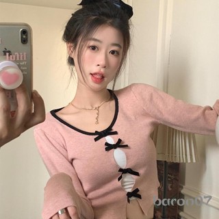 Áo dệt kim nữ dài tay Áo thun cổ chữ V rỗng nơ Slim Fit Fall Clubwear