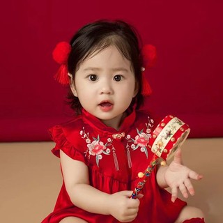 Áo Liền Quần Màu Đỏ Phong Cách Trung Hoa Mừng Năm Mới Cho Bé Gái