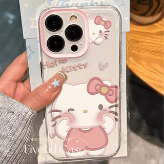 Ins Hàn Quốc Vỏ cặp đôi trong suốt hình mèo Kitty màu hồng dễ thương + Giá đỡ Tương thích cho iPhone 11 15 14 13 12 Pro Xs Max XR X 7 8 6 6s Plus SE Vỏ bảo vệ điện thoại hoạt hình TPU mềm
