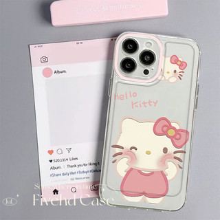Ins Hàn Quốc Vỏ cặp đôi trong suốt hình mèo Kitty màu hồng dễ thương + Giá đỡ Tương thích cho iPhone 11 15 14 13 12 Pro Xs Max XR X 7 8 6 6s Plus SE Vỏ bảo vệ điện thoại hoạt hình TPU mềm