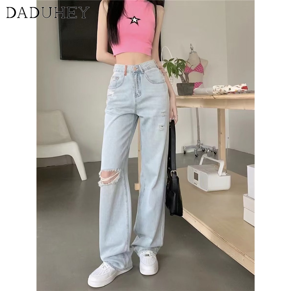 Ảnh Quần jean DADUHEY thường ngày size lớn ống rộng thoải mái cạp cao thời trang retro đường phố cao cấp kiểu Mỹ 2