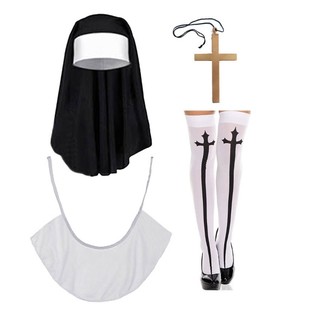 Nun Costume Set,Nun Hat,Cross Pendant Necklace,Knee Thigh  Socks,Nun Collar