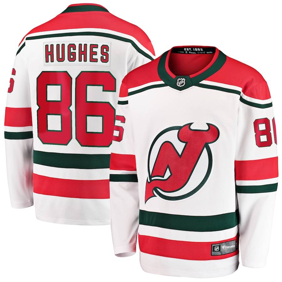 BS1 NHL Jack Hughes Jersey Nhà, Áo Thun Dài Tay New Jersey Devils, Size Lớn Cho Người Hâm Mộ