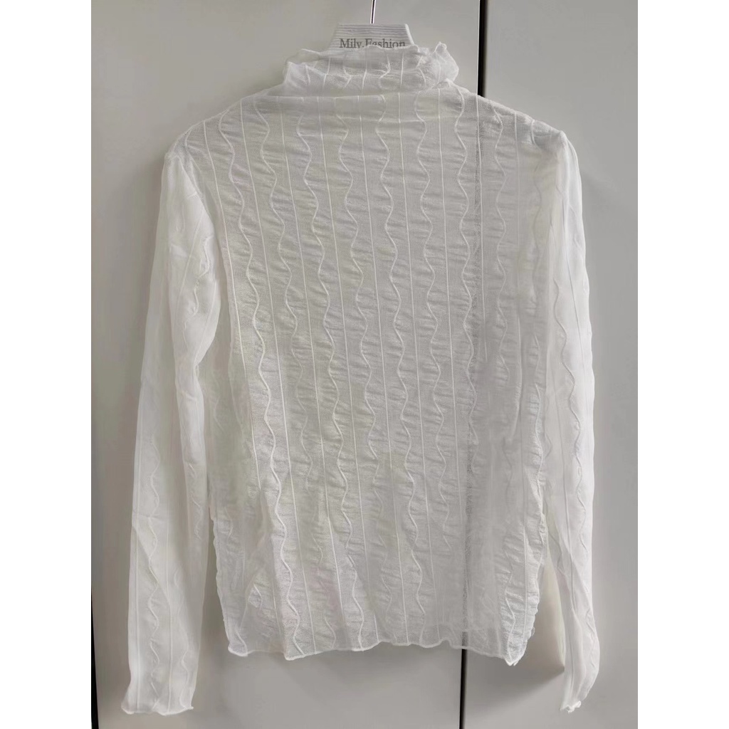 Milyfashion Cổ Cao Lưới Đế Mùa Thu Bên Trong Trận Đấu Phong Cách Mới Trong Suốt Ren Dài Tay T Họa Tiết Vải