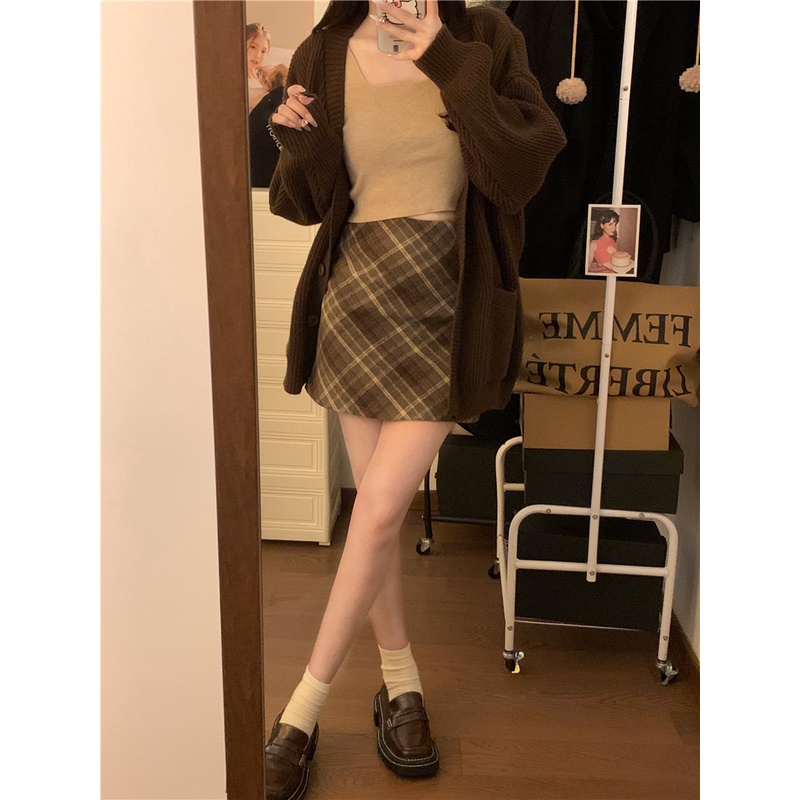 Suxi Vintage Họa Tiết Kẻ Sọc Phong Cách Hàn Quốc Thu Đông Đa Năng Cao Cấp Váy Chữ A Nữ
