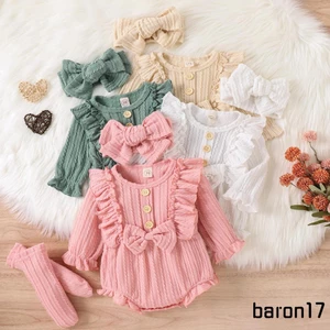 3 Bộ áo liền quần mùa thu cho bé gái Trang phục dài tay Nút áo liền quần xếp nếp phía trước + Tất + Bộ băng đô