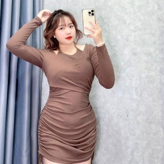 Đầm ôm body thời trang bigsize nữ trễ vai tay dài cổ yếm phối dây rút lên phom tôn dáng vải thun gân sang trọng G224