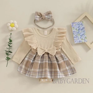 Bộ Áo Liền Quần Tay Dài Phối Bèo Họa Tiết Kẻ Sọc + Băng Đô Cài Tóc Xinh Xắn Cho Bé Gái