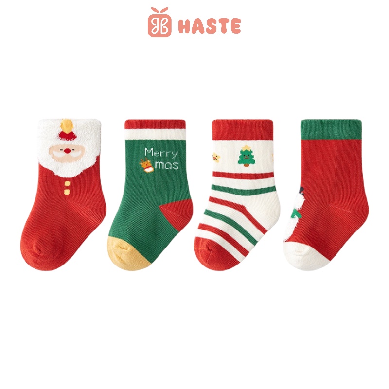 Set 4 Đôi Tất Vớ Em Bé Cotton Mềm Mịn Thấm Hút Tốt Họa Tiết Noel Giáng Sinh Đáng Yêu Haste