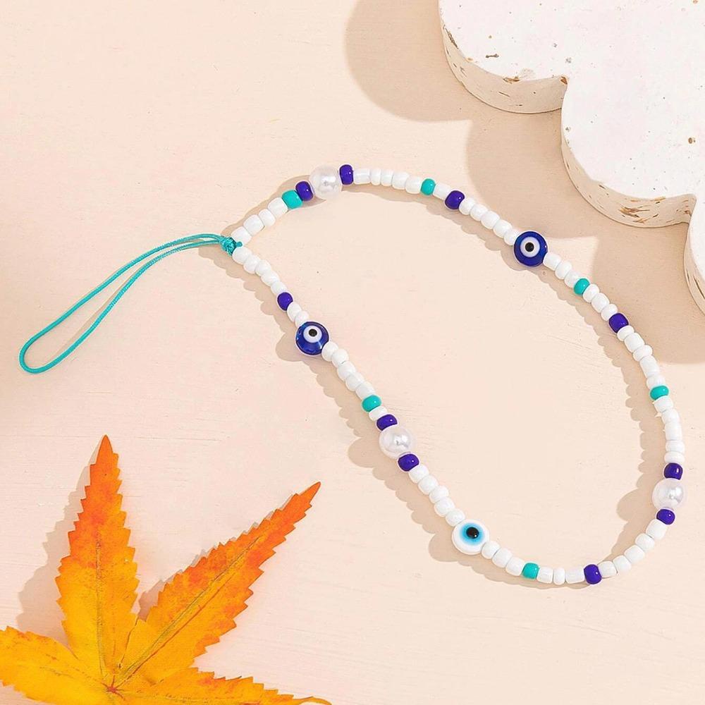 HARRIETT Blue Evil Eye Dây Xích Điện Thoại, Devil Eye Glass Rice Hạt Dây Điện Thoại, Dây Đeo Điện Thoại Vintage Charm Màu Xanh Thời Trang Dây Đeo Điện Thoại Di Động Bé Gái