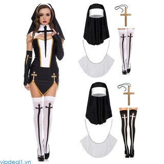 Nun Costume Set,Nun Hat,Cross Pendant Necklace,Knee Thigh  Socks,Nun Collar