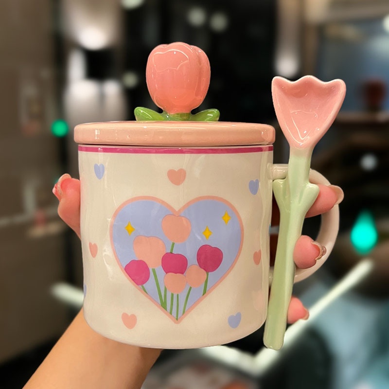 Ly Sứ Cà Phê Văn Phòng Hình Bông Hoa Tulip - Cốc Uống Nước Gốm Sứ Có Muỗng Nắp Xinh Xắn