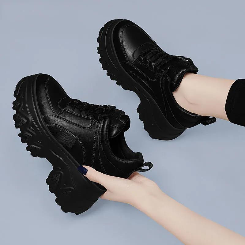 Giày Thể Thao Nữ Xuân Thu Phong Cách Mới Da Mềm Bên Trong Tăng Chiều Cao Đế Dày Bố Giày Influencer Giày Trắng Thường Ngày