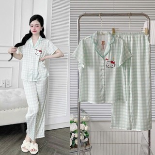 Đồ Bộ Pijama, TAY NGẮN CARO, Túi Áo In 3D Hoạt Hình. Quần Dài Có Túi. Vải Lụa Latin Cao Cấp.