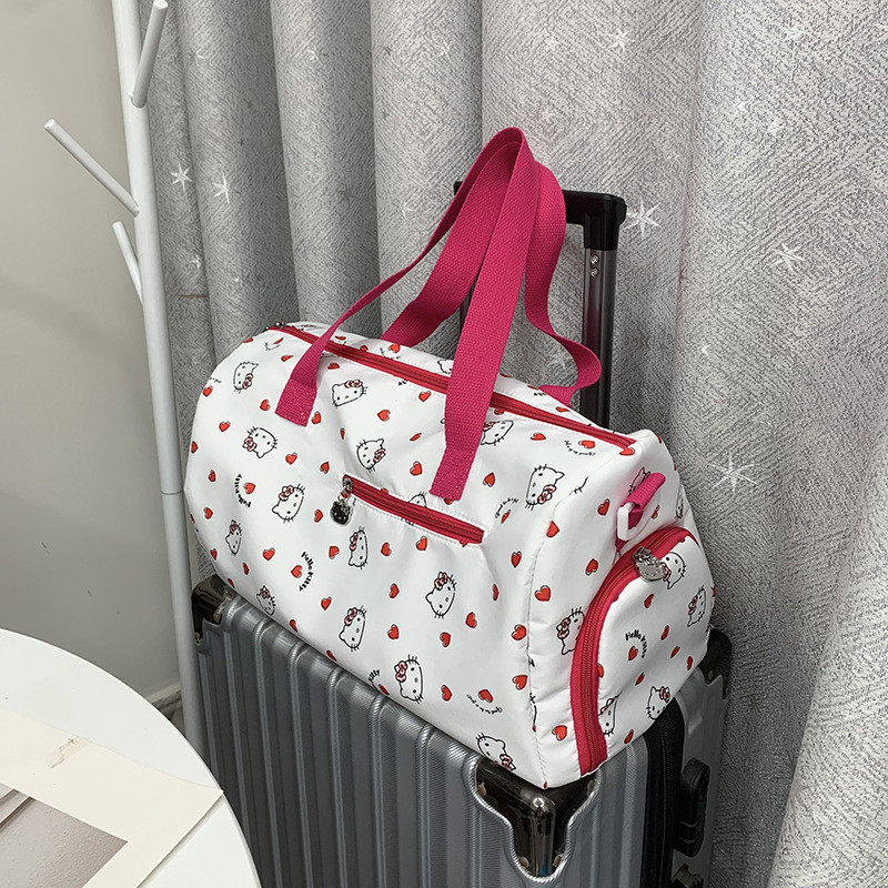 Túi hành lý du lịch Hellokitty Túi tập thể dục sinh viên Túi lưu trữ cầm tay Ánh sáng Dung tích lớn có thể được đặt trên vỏ xe đẩy