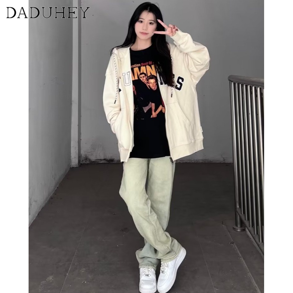 Ảnh DaDuHey New American Style Ins High Street Retro Yellow Mud Jeans Niche High Waisted Straight Leg Pants 4