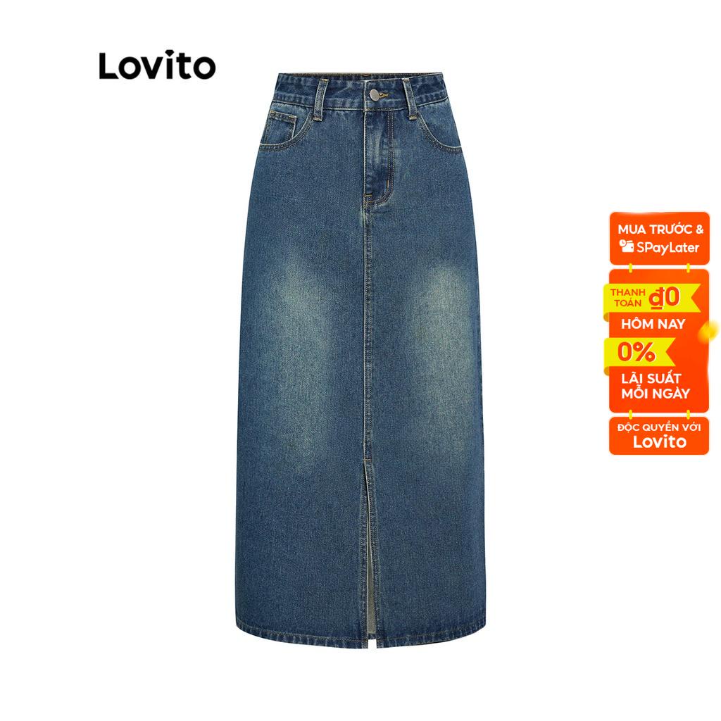 Chân váy midi Lovito vải denim màu trơn họa tiết sọc xẻ tà phong cách thường ngày dành cho nữ L39AD079 xanh dương spe