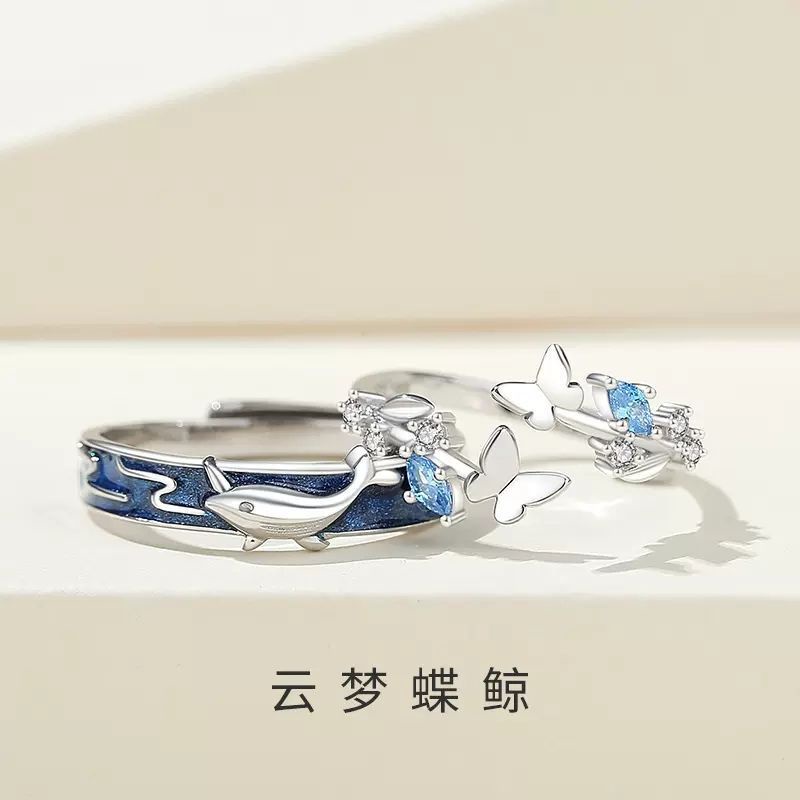 Nhẫn Đôi Mạ Bạc 925 Hình Cá Voi / Bướm Độc Đáo Thời Trang Có Thể Điều Chỉnh Cho Cặp Đôi