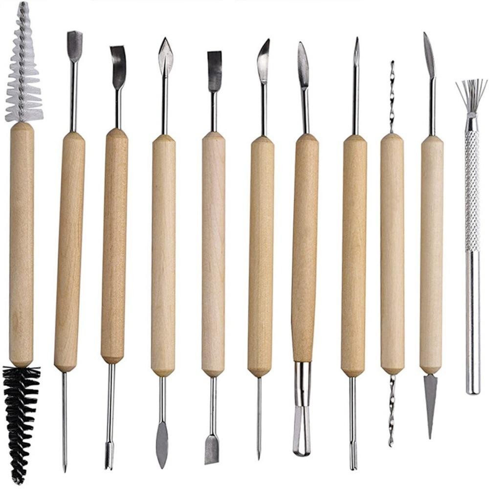 SAIA 11 Bộ Dụng Cụ Tạo Mô Hình Điêu Khắc Đất Sét Gốm, Với Tay Cầm Bằng Gỗ Mịn Bộ Dụng Cụ Khắc Hai Mặt, Dụng Cụ Gốm Đất Sét Polymer Đa Năng Gốm Sứ