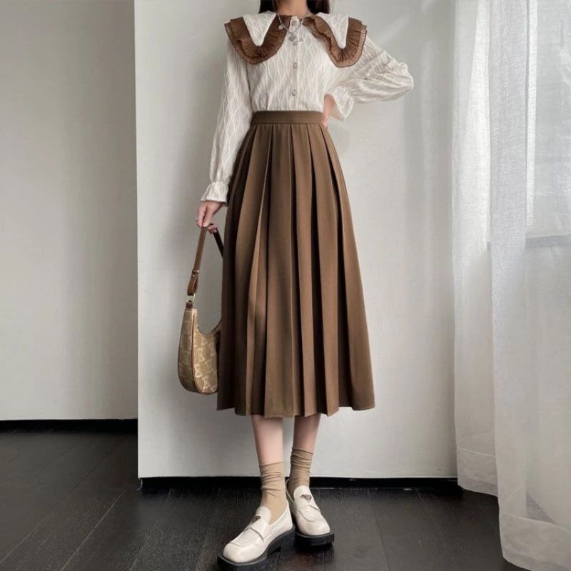 Chân váy xếp ly midi nữ dáng dài cạp cao có khóa