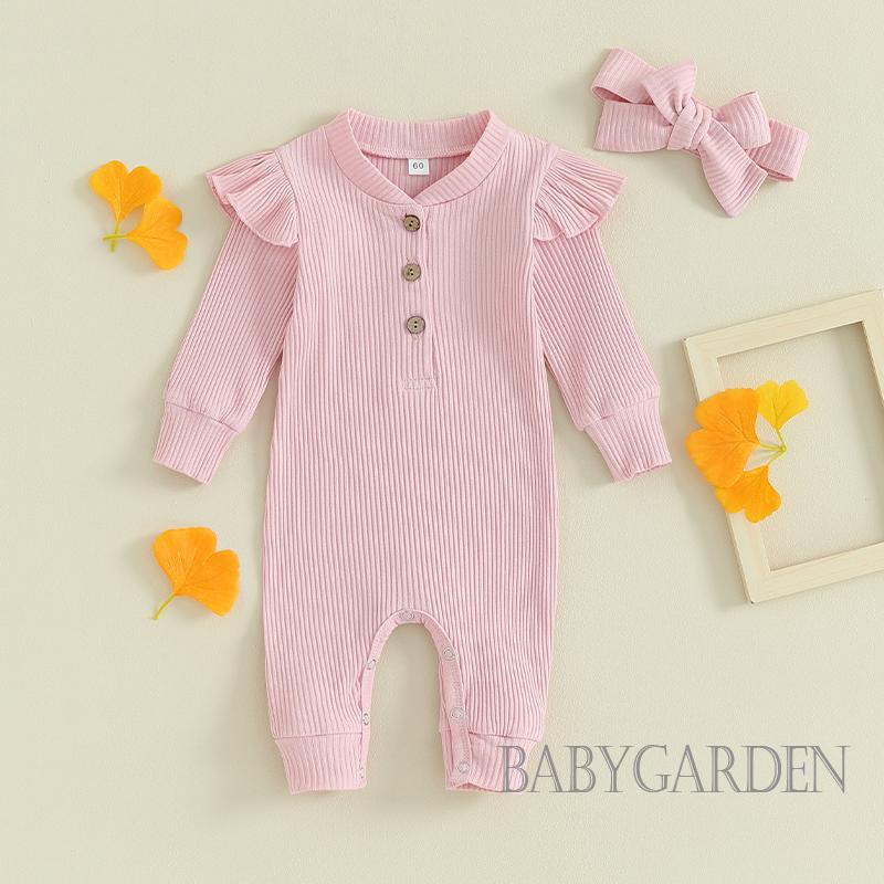 Bộ Áo Liền Quần Tay Dài Cổ Tròn Màu Sắc Trơn Kèm Băng Đô Cài Tóc Xinh Xắn Cho Bé Gái