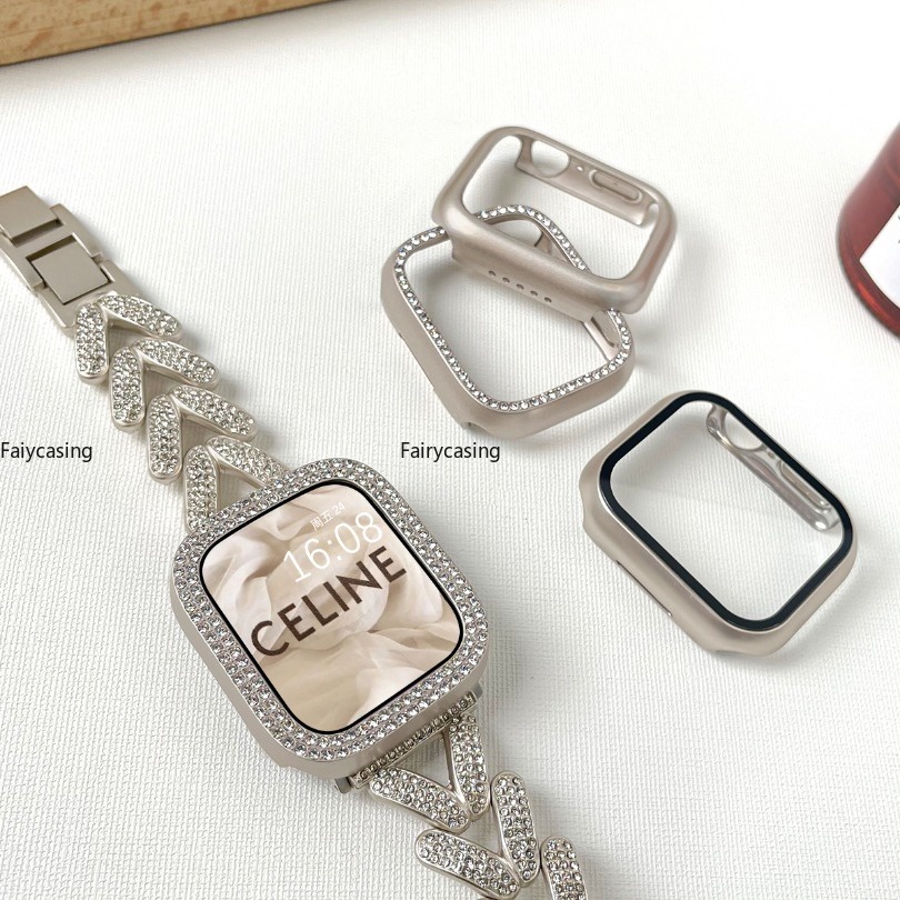 Kính Kim Cương Ngôi Sao + Vỏ Cho Apple Watch Series 11 10 46MM 9 Ultra 2 49MM 45MM 41mm 44mm 40 42 38mm Kính Cường Lực Bảo Vệ Màn Hình Iwatch 7 6 SE 5 4 3