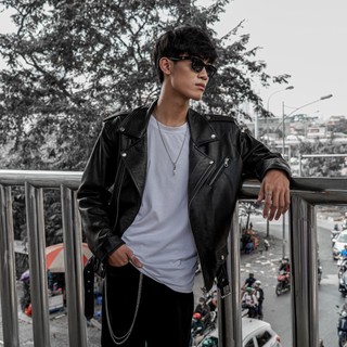 Áo khoác da nam, áo da thật cao cấp Fttleather Biker Jacket Da Dê Khóa Trắng - AD302D