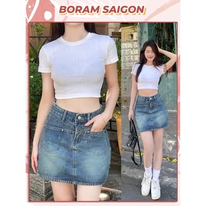Chân váy jean chữ a, chân váy basic đơn giản có quần bảo hộ BORAM SG