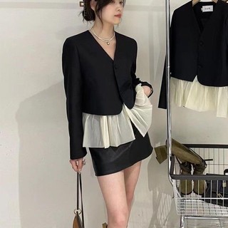 Áo Khoác Giả Hai Mảnh Dáng Rộng Cổ Chữ V Màu Sắc Tương Phản Phong Cách Pháp Thời Trang Xuân Thu Cao Cấp