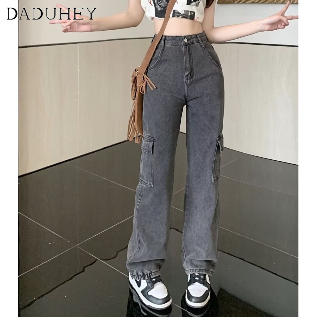 Ảnh DaDuHey New American Ins High Street Retro Multi-pocket Workwear Jeans Niche High Waist Wide Leg Pants Trousers 2