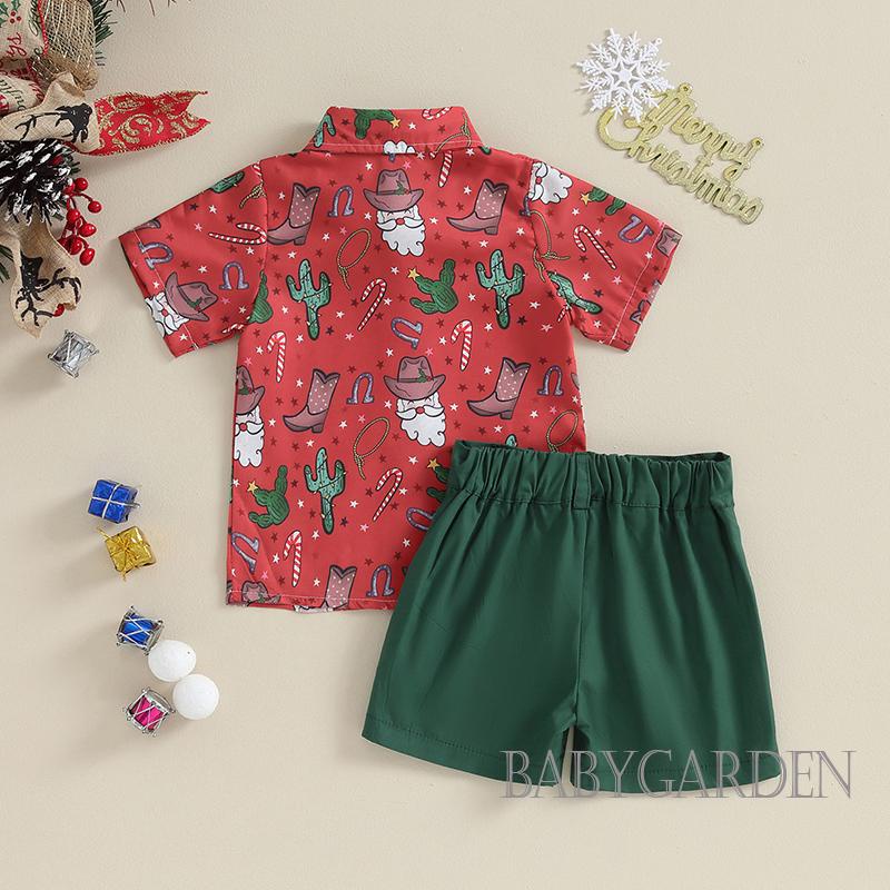 Baga- Bộ Đồ 2 Món Áo Sơ Mi In Họa Tiết Ông Già Noel + Quần Ngắn Cho Bé Trai 6 Tháng-4 Tuổi
