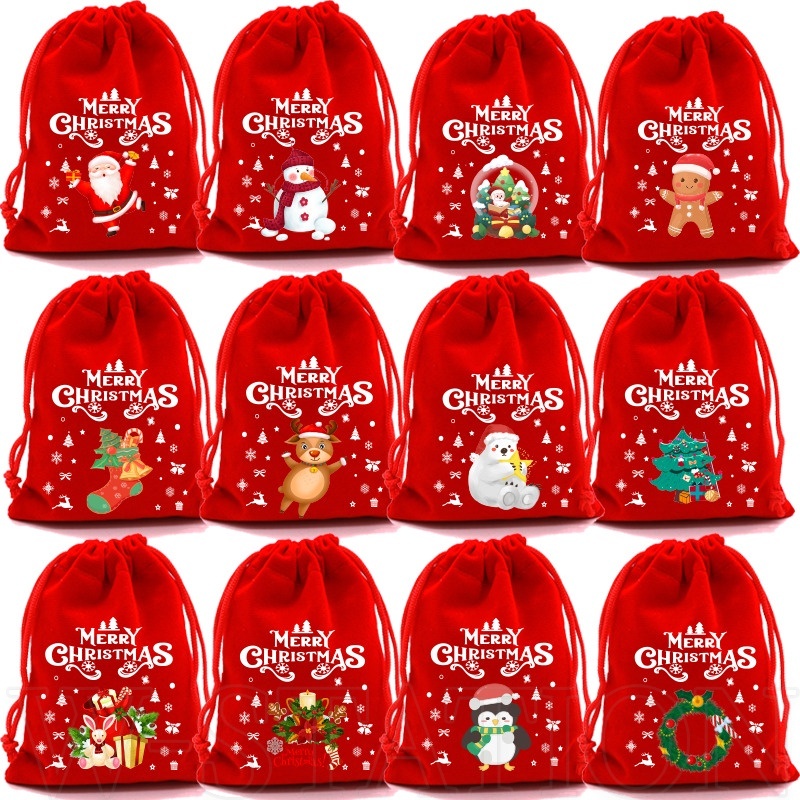 Túi Dây Rút Đa Năng Đựng Quà Giáng Sinh / Đồ Ăn Vặt / Trang Sức Bằng Vải Nhung Hình Ông Già Noel Nai Sừng Tấm / Túi Kẹo Nhỏ Gọn Trang Trí Nhà Cửa Tiệc Tùng