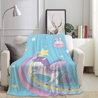 Chăn Kỳ Lân Flannel hoạt hình dễ thương, in một mặt, dùng cho điều hòa, ngủ văn phòng, tặng gia đình bạn bè